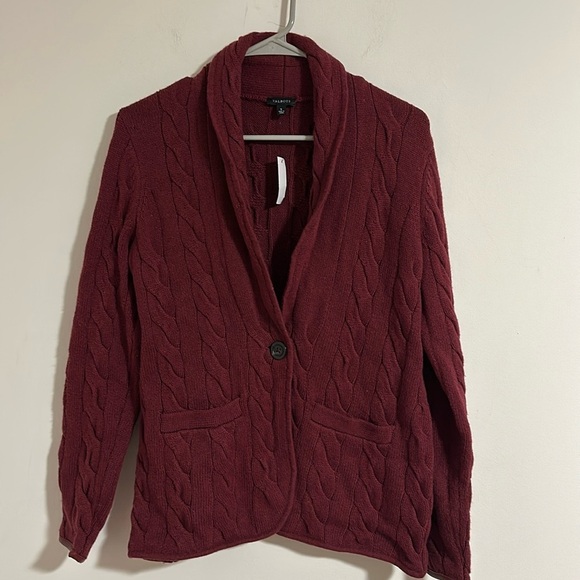 NWT Talbots burgundy cable knit sweater cardigan blazer faux leather trim button - Picture 1 of 4